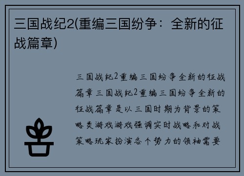 三国战纪2(重编三国纷争：全新的征战篇章)