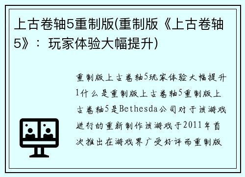 上古卷轴5重制版(重制版《上古卷轴5》：玩家体验大幅提升)